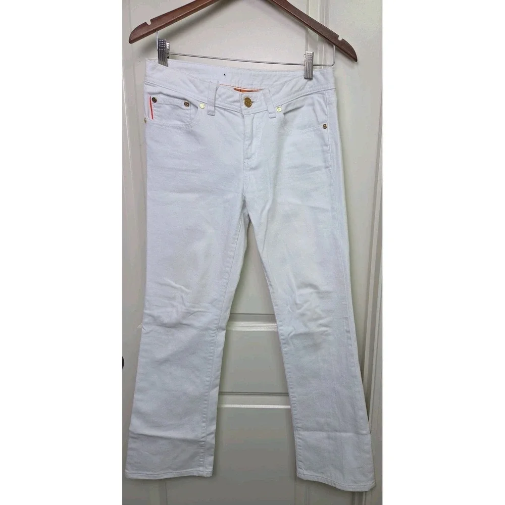 Tory Burch Classic Tory Boot Jeans Size 27 Logo Pocket Gold Button White Denim